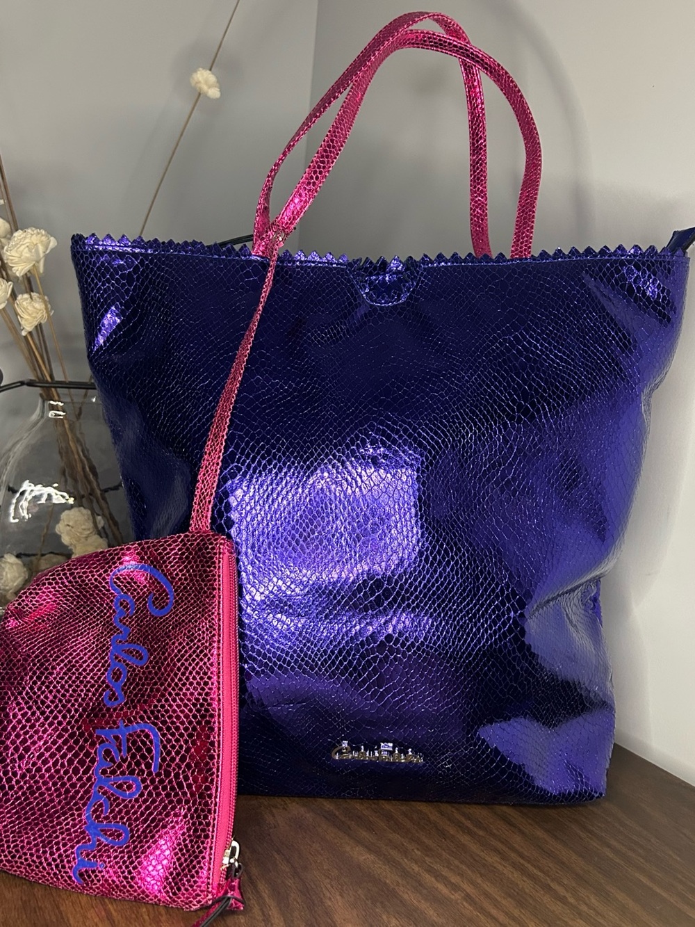 Carlos Falchi Metallic Purple Snakeskin Tote & Pink Pouch